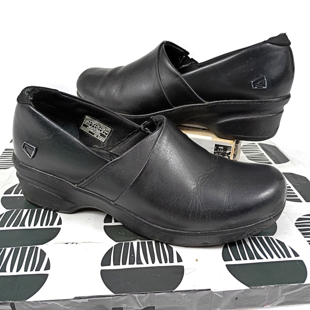 KEEN Kaci Black Full Grain Leather Slip On Clogs Shoes Womens 7 Nurse Work